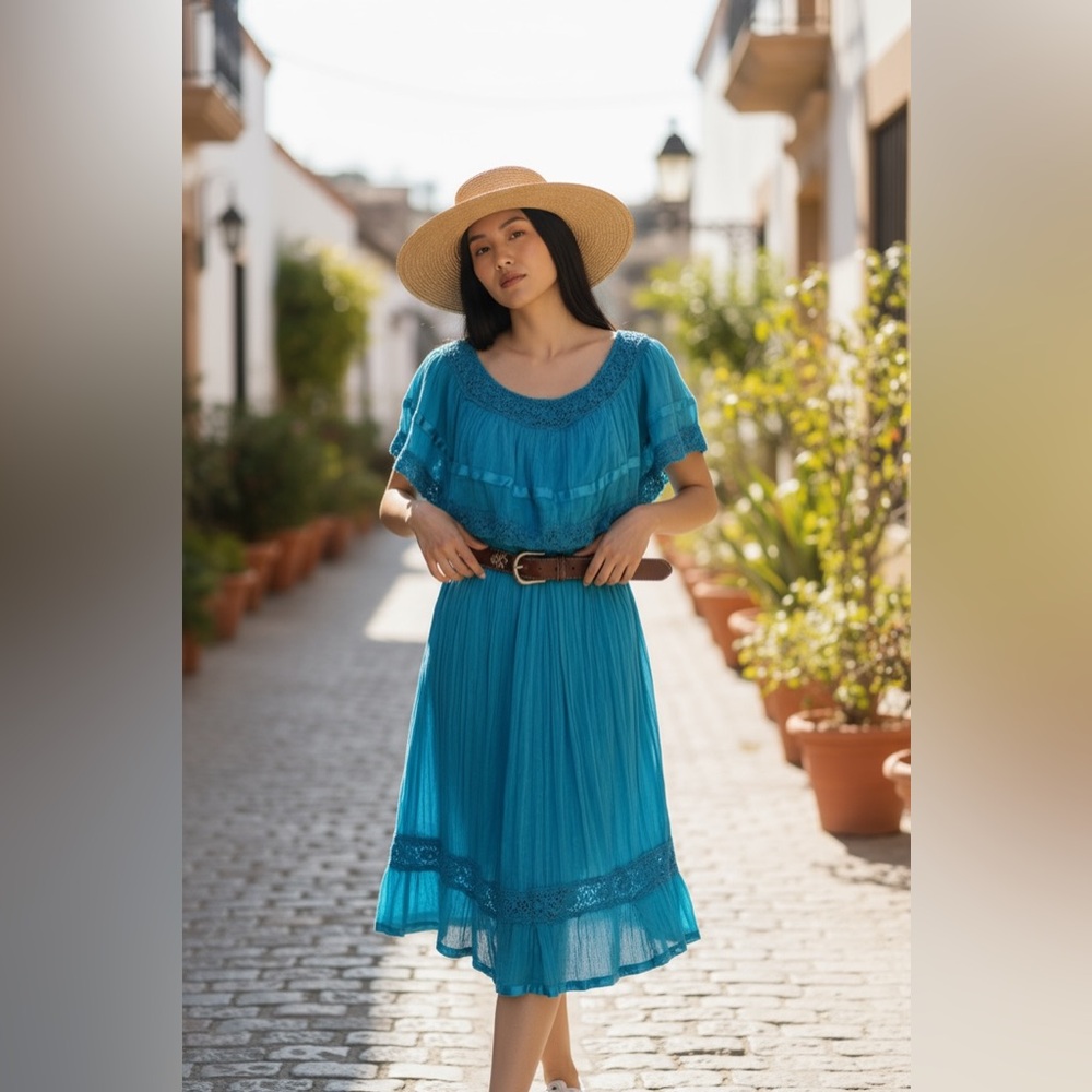 Festive Midi Dress with crotchet trim- One Size - Picture 2 of 6